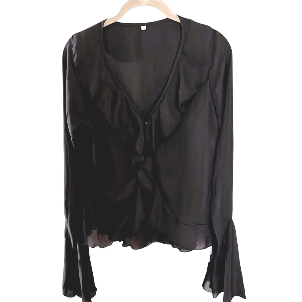 Commense Black Sheer Ruffle Front Blouse